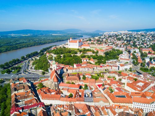 Bratislava Castle or Bratislavsky Hrad and St. Martin Cathedral aerial panoramic view. Bratislava is a capital of Slovakia.