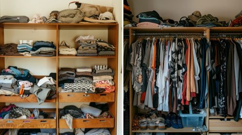 The first image shows a messy closet with clothes piled on top of each other. The second image shows a clean and organized closet with neatly folded clothes and shoes